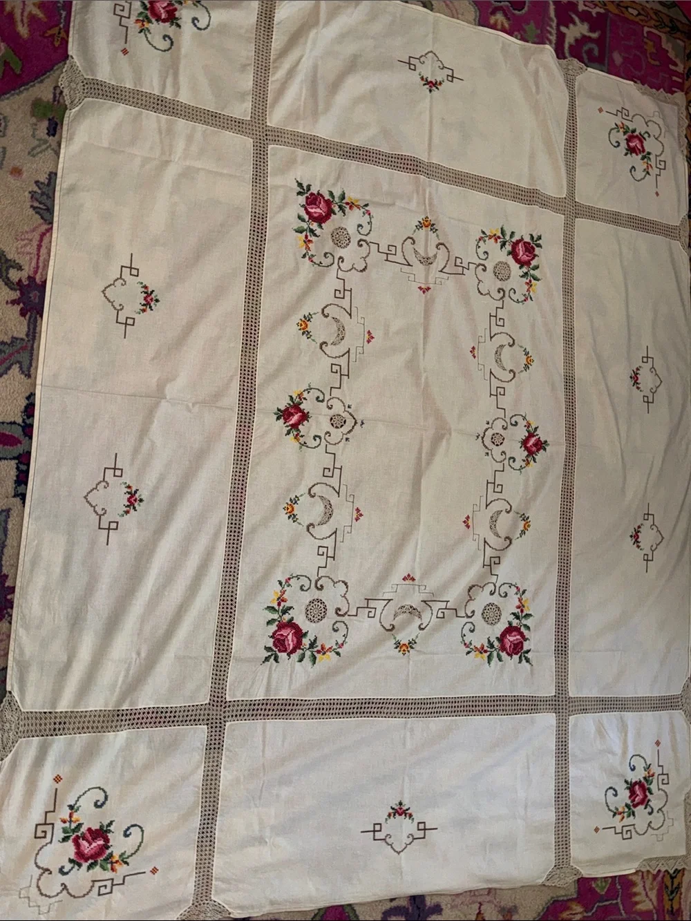 Vintage cotton embroidered tablecloth